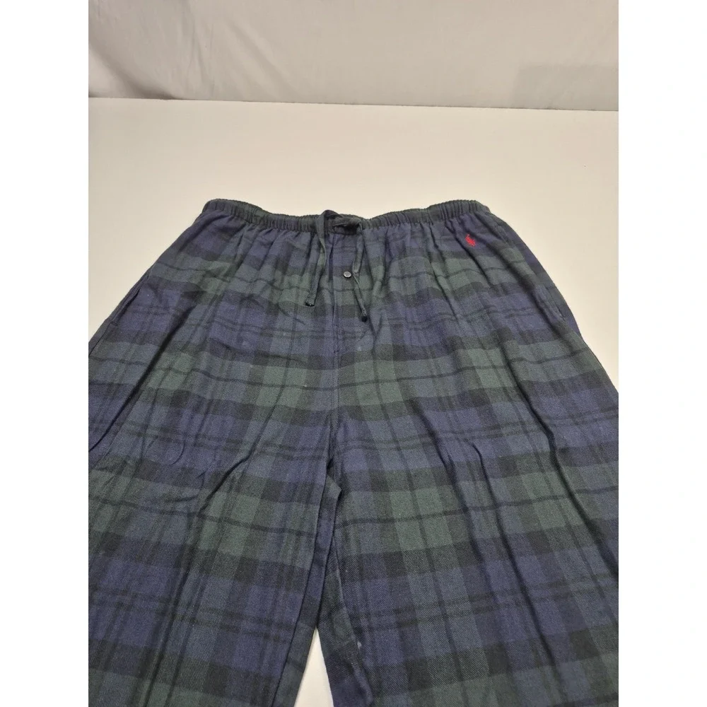 VTG Polo Ralph Lauren Pants Mens L Blue Plaid Flannel Sleepwear Drawstring FLAW